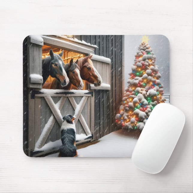 Christmas Horse Barn With Tree Mouse Pad (With Mouse)