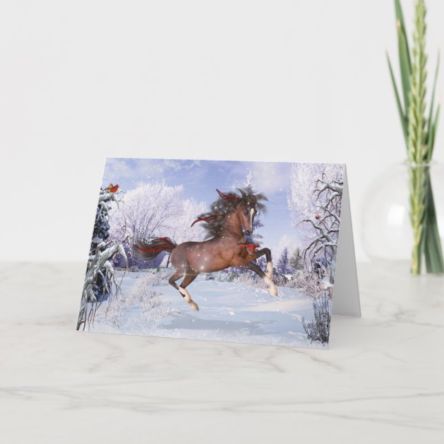 Christmas Horse & Cardinals Folded Greeting Card (Front)