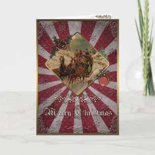 Christmas Horse-drawn carriage on the winter road. Holiday Card