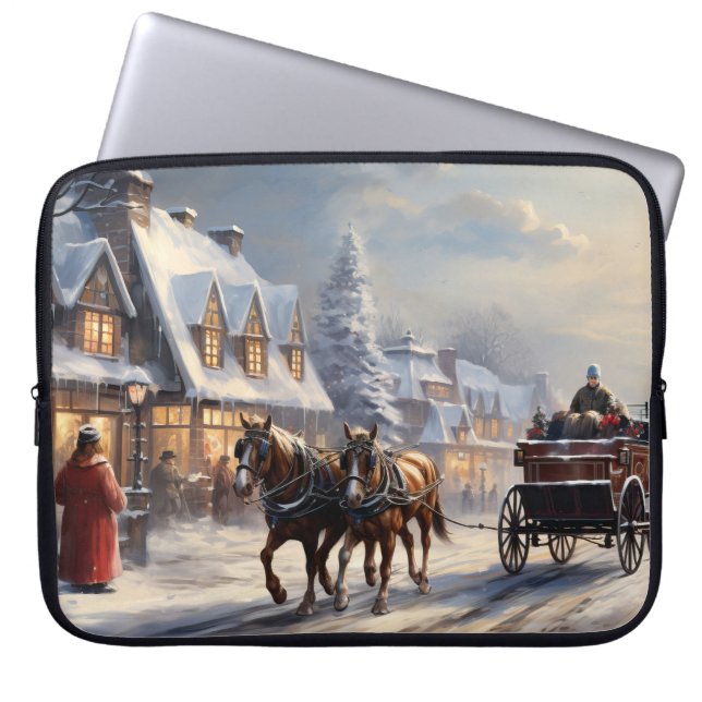 Christmas Horse-Drawn Carriage Street Laptop Sleeve (Front)