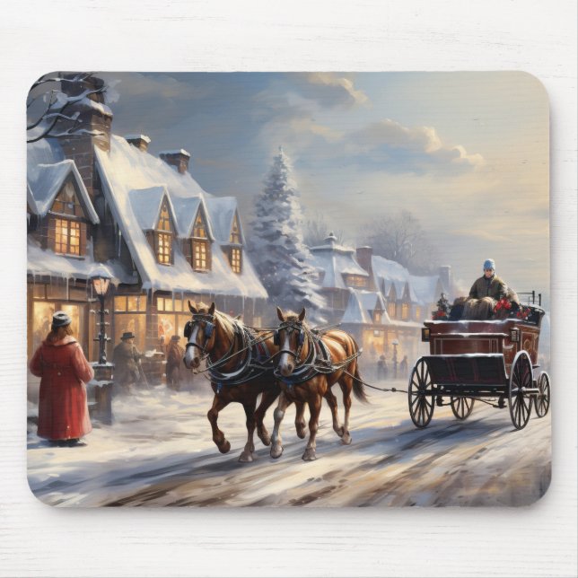Christmas Horse-Drawn Carriage Street Mouse Pad (Front)