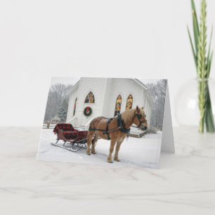Christmas Horse-Drawn Sleigh Waiting By a Chapel Card