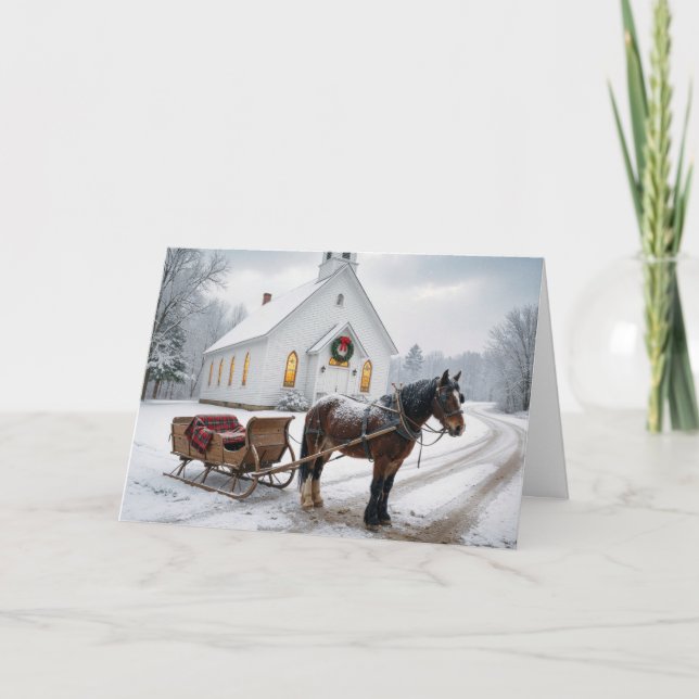 Christmas Horse-Drawn Sleigh Waiting By a Chapel Card (Front)