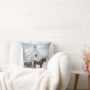 Christmas Horse-Drawn Sleigh Waiting By a Chapel Cushion