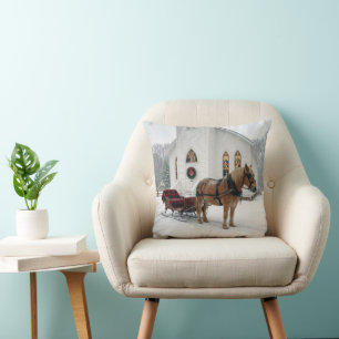 Christmas Horse-Drawn Sleigh Waiting By a Chapel Cushion