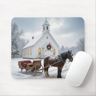 Christmas Horse-Drawn Sleigh Waiting By a Chapel Mouse Pad