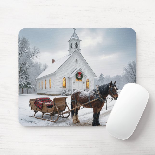 Christmas Horse-Drawn Sleigh Waiting By a Chapel Mouse Pad (With Mouse)