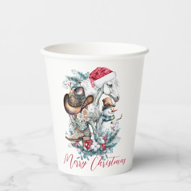 Christmas horse in Santa hat cowgirl cowboy boots  Paper Cups (Front)