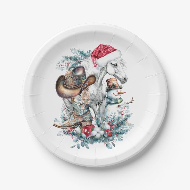 Christmas horse in Santa hat cowgirl cowboy boots  Paper Plate (Front)