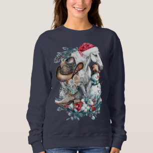 Christmas horse in Santa hat cowgirl cowboy boots  Sweatshirt