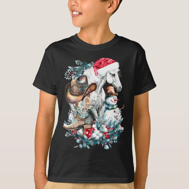Christmas Horse In Santa Hat Cowgirl Cowboy Boots  T-Shirt (Front)