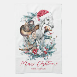 Christmas horse in Santa hat cowgirl cowboy boots  Tea Towel