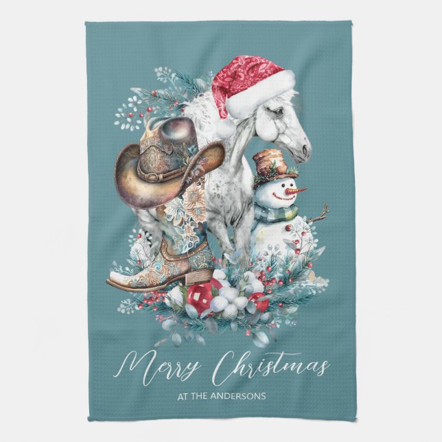 Christmas horse in Santa hat cowgirl cowboy boots  Tea Towel (Vertical)