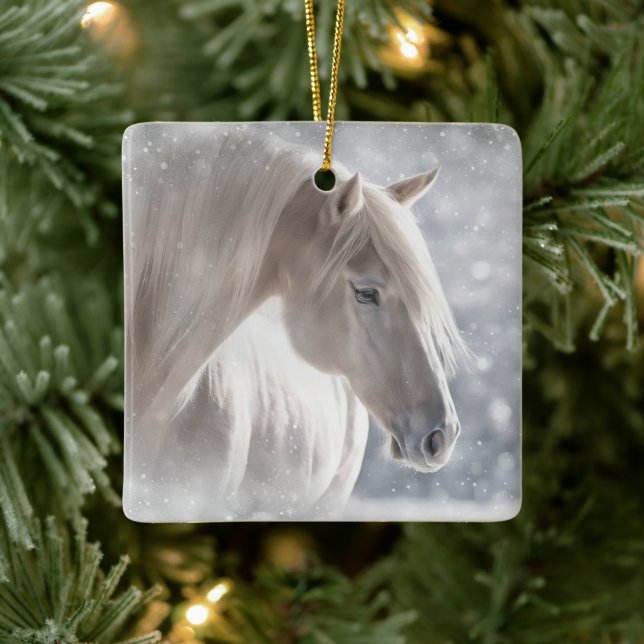 Christmas Horse in Snow Long White Mane Ceramic Ornament (Tree)