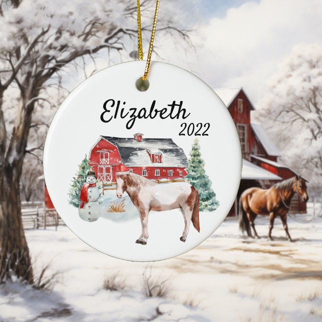 Christmas Horse in the Snow Barn Western  Ceramic Ornament (Creator Uploaded)