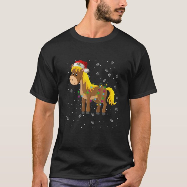 Christmas Horse Light Santa Hat Pyjamas Men Boys K T-Shirt (Front)