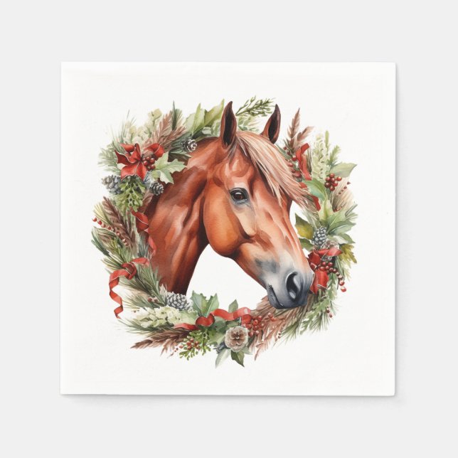 Christmas Horse Napkins – Chestnut Horse & Wreath (Front)