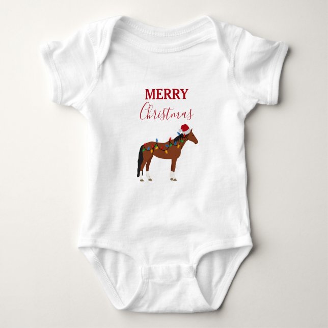 Christmas Horse Santa Hat Xmas Lights   Baby Bodysuit (Front)