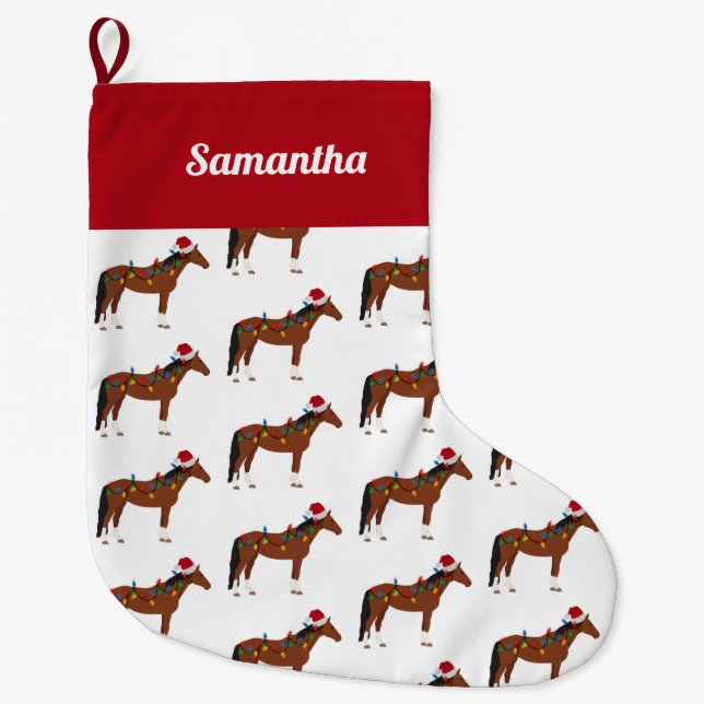 Christmas Horse Santa Hat Xmas Lights Custom Name Large Christmas Stocking (Front)