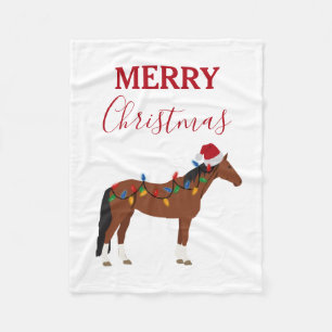 Christmas Horse Santa Hat Xmas Lights   Fleece Blanket