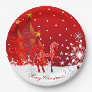 Christmas Horse, Snowflakes,Trees & custom text Paper Plate