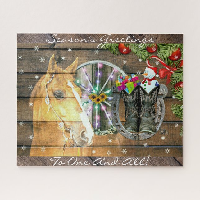 Christmas Horse Wagon Wheel Cowboy Boots Garland Jigsaw Puzzle (Horizontal)