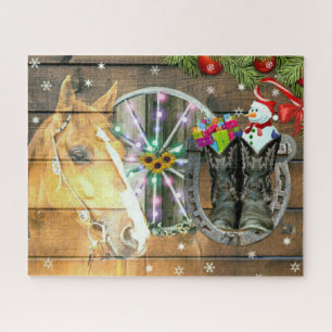 Christmas Horse Wagon Wheel Cowboy Boots Garland Jigsaw Puzzle