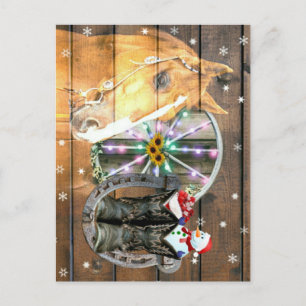 Christmas Horse Wagon Wheel Cowboy Boots Horseshoe Holiday Postcard