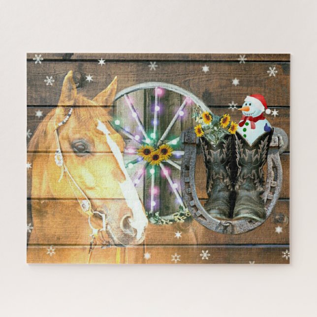 Christmas Horse Wagon Wheel Cowboy Boots Horseshoe Jigsaw Puzzle (Horizontal)