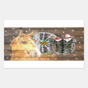 Christmas Horse Wagon Wheel Cowboy Boots Horseshoe Rectangular Sticker