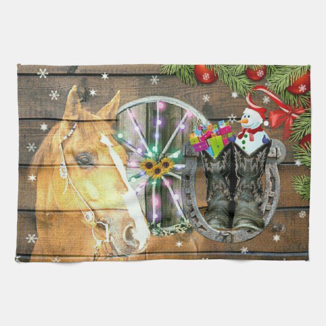 Christmas Horse Wagon Wheel Cowboy Boots Horseshoe Tea Towel (Horizontal)
