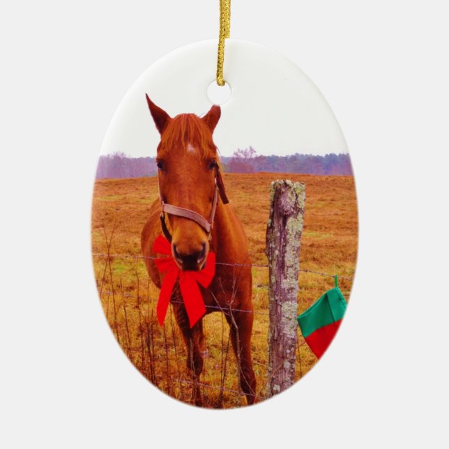 Christmas Horse with bow & stocking Ceramic Ornament (Front)