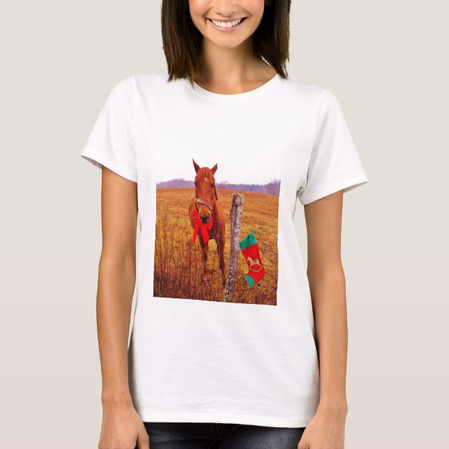 Christmas Horse with bow & stocking T-Shirt (Front)