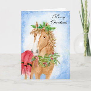 Christmas Horse with Holiday Greenery Watercolor Card