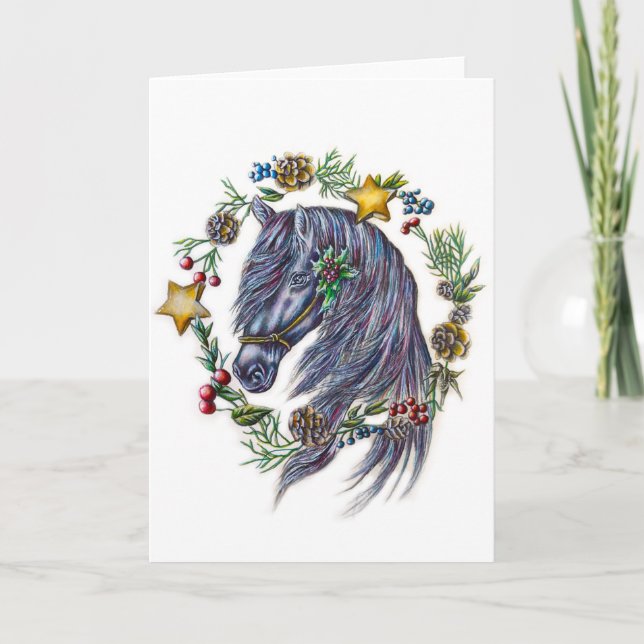 Christmas Horse With Holiday Wreath Card (Front)