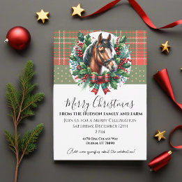 Christmas Horse With Plaid and Wreath  Invitation