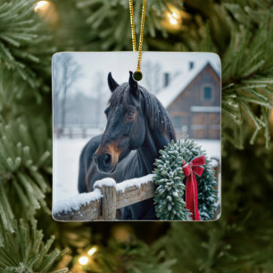 Christmas Horse With Wreath Ceramic Ornament