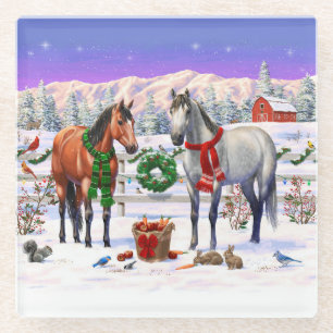 Christmas Horses in Snow Glass Coaster