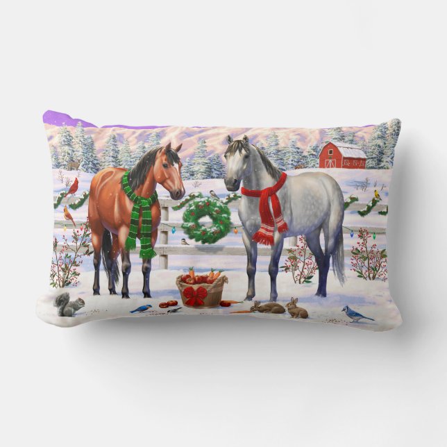 Christmas Horses in Snow Lumbar Cushion (Front)