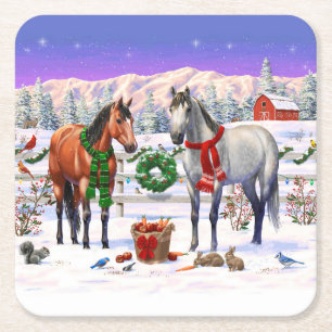 Christmas Horses in Snow Square Paper Coaster