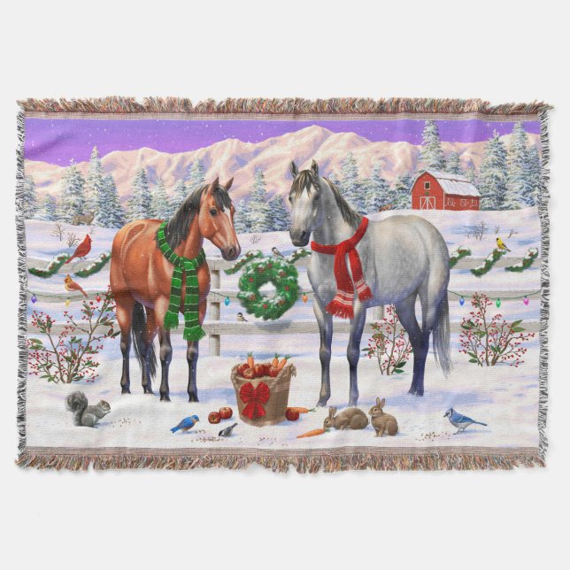 Christmas Horses in Snow Throw Blanket (Front)