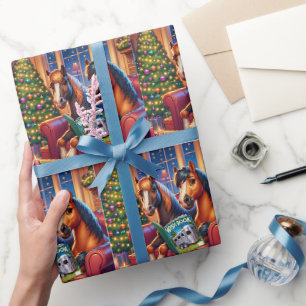 Christmas Horses On Sofa With Trailer Wish Book Wrapping Paper