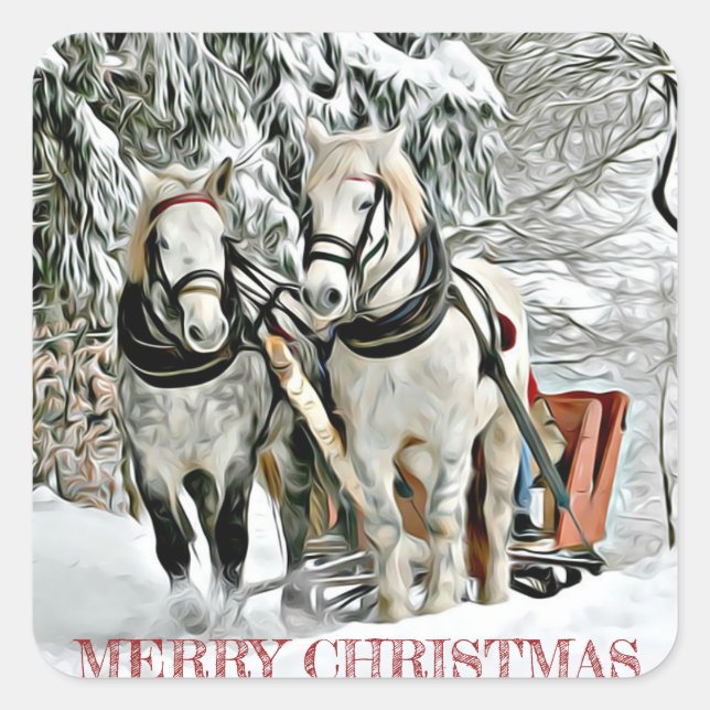 Christmas Horses Pulling Sleigh Through Snow Square Sticker (Front)