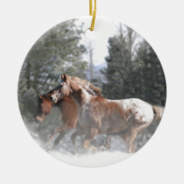 Christmas Horses Running in the Snow Ceramic Tree Decoration (Front)