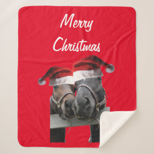 Christmas Horses wearing Santa Claus Hats Sherpa Blanket