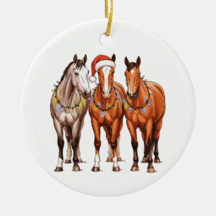 Christmas Horses Western Cowboy Santa Hat Farm Ceramic Ornament