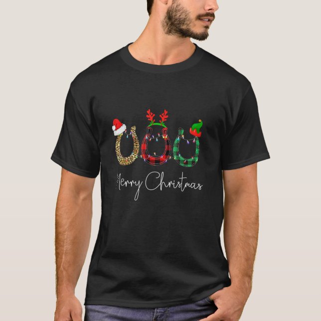 Christmas Horseshoe Leopard Plaid Santa Hat Horse  T-Shirt (Front)