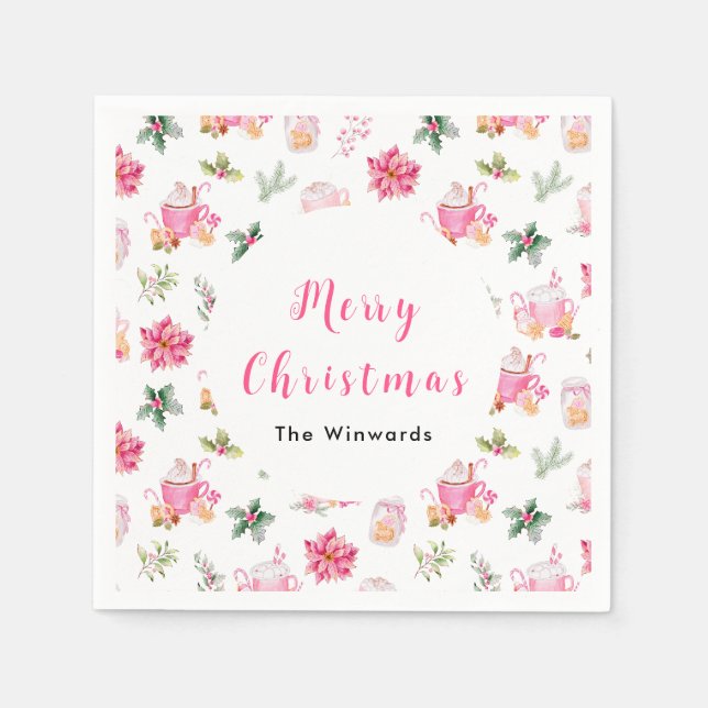 Christmas Hot Cocoa and Pink Poinsettias Napkin (Front)