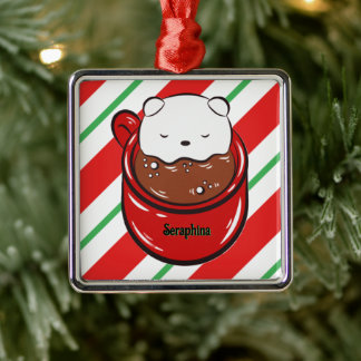 Christmas Hot Cocoa Bear Candy Cane Stripes Name Metal Ornament