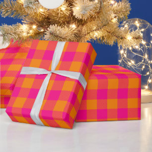 Christmas Hot Pink and Bright Orange Buffalo Check Wrapping Paper